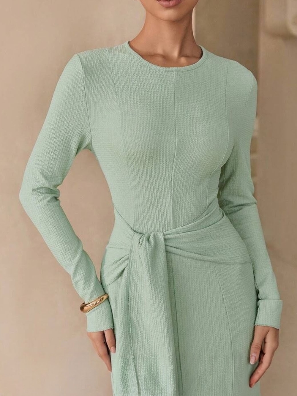 Long Sleeve Sage Green Tie-Waist Women's Dress